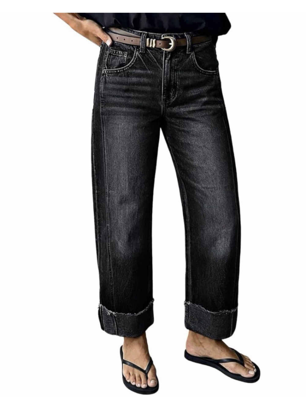 Flamingals Mid Rise Straight Leg Wash Seam Front Roll Jeans for Women L
